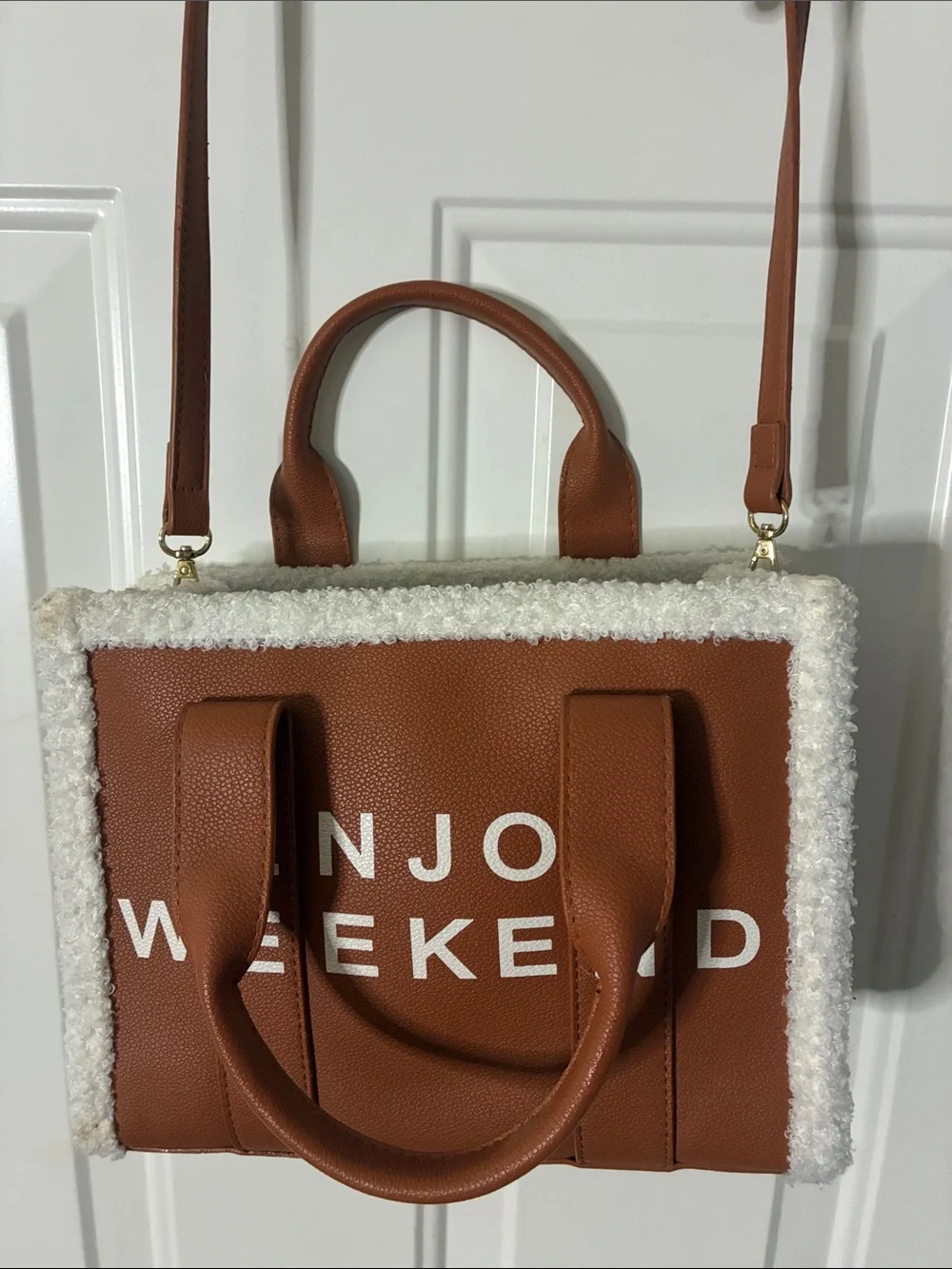 Enjoy Weekend Tan Faux-Leather Tote with Shearling Trim